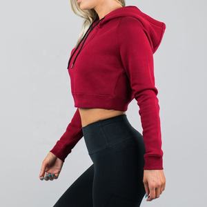 Vente en gros 100% coton dames blanc Gym sweats à capuche à manches longues haut court sweat personnalisé recadrée côtelé bas à capuche pour les femmes - Product Image 2
