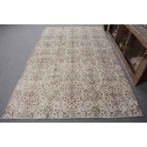 Alfombra turca Vintage Beige Marrón 5,5X8,9 FT Tejido plano de lana con patrón de retazos para decoraciones de sala de estar - Product Image 1