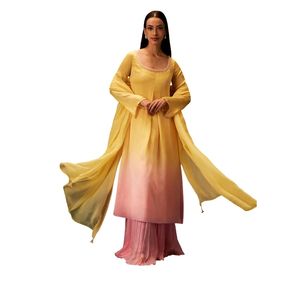 Vestito giallo Palazzo Organza Kurta con pantaloni con fondo a campana Dupatta all'ingrosso donna abbigliamento etnico abbigliamento OEM fabbrica alla rinfusa - Product Image 1