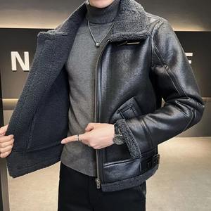 Chaqueta de motorista de lona de cuero genuino para hombre de invierno abrigo de cuero cálido Retro de moda Color sólido Casual prendas de vestir de gran tamaño - Product Image 2