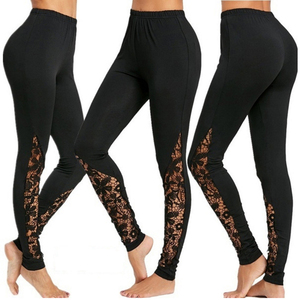 Pantalones de moda para mujer, mallas elásticas de cintura alta, pantalones negros de Color sólido con dobladillo de encaje calado, ropa informal, ropa de gimnasio personalizada - Product Image 3