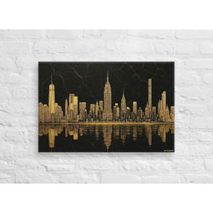 Toile rectangulaire XL Golden Skyline noire et or, paysage urbain, design Art déco contemporain pour salon, encadrée avec cadre en métal - Product Image 2
