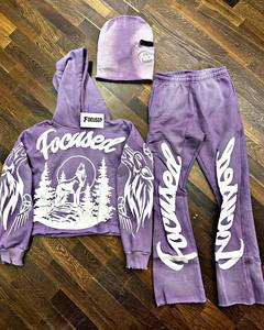 Ensemble de survêtements d'hiver 2 pièces en molleton imprimé coupe droite personnalisée avec sweat à capuche zippé et pantalon de jogging évasé en coton - Product Image 2