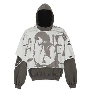 Sweat à capuche oversize à manches 3/4 et épaules tombantes pour hommes en coton mélangé Streetwear - Product Image 2