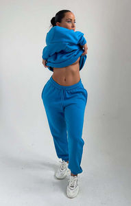 Surdimensionné personnalisé bleu 2 pièces femmes col rond sweat chemise à revers jogger ensemble respirant à capuche et pantalons de survêtement femmes survêtement ensemble - Product Image 4