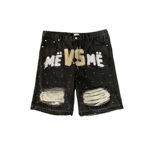 Newest Custom Ripped Denim <b>Shorts</b> <b>Men</b> Vintage Y2k Applique Embroidery Rhinestone <b>Jeans</b> <b>Shorts</b> - Product Image 1