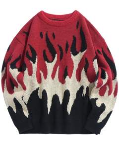Pull en tricot d'hiver à motif de flamme rouge, noir et blanc, chaud, doux, décontracté, streetwear, pull pour homme et femme, mode, vêtement confortable - Product Image 1