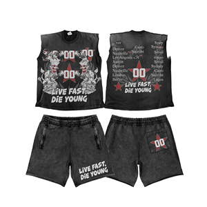 300 GSM Heavyweight Cotton Washed Black Sleeveless T Shirt Shorts <b>Set</b> Custom Graphic Men Sleeveless shirt and Shorts <b>Set</b> - Product Image 1
