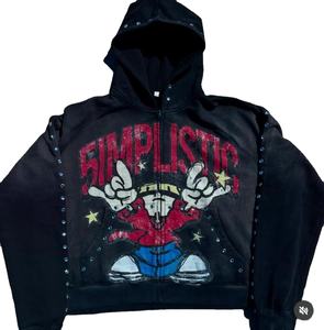 Sweat à capuche imprimé 3d en coton 100% avec logo personnalisé patch de broderie en détresse lavé à l'acide sweats à capuche zippés surdimensionnés en éponge française - Product Image 3