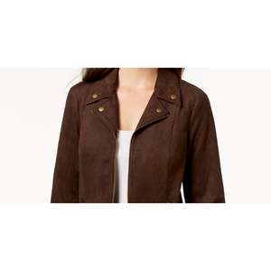 Giacca Moto in Finta Pelle Scamosciata Marrone da Donna Style Co, Stile Bomber con Colletto Alto, Motivo Tinta Unita, Logo Personalizzato, PU XL per Signore, Collezione Autunnale - Product Image 2