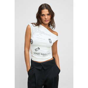 Blusa Blanca Estampada de Un Solo Hombro para Mujer - Tela Suave y Flexible con Cuello Asimétrico - Product Image 5