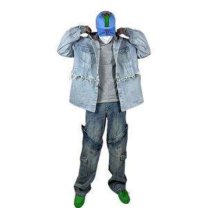 แจ็กเก็ตยีนส์มีฮู้ดสำหรับผู้ชาย, แจ็กเก็ตยีนส์ฮิปฮอปแจ็คเก็ตยีนส์ย้อนยุคแจ็คเก็ตบอมเบอร์ลำลองแนวสตรีทเสื้อแจ็คเก็ตมีฮู้ด - Product Image 1