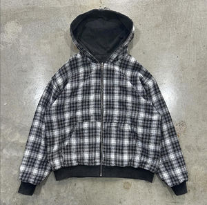 <b>Clothing</b> Manufacturers Custom Oversized Acid Wash Design Double Layer Reversible Zip Plaid Cropped Boxy Hoodie Jacket for <b>Men's</b> - Product Image 2