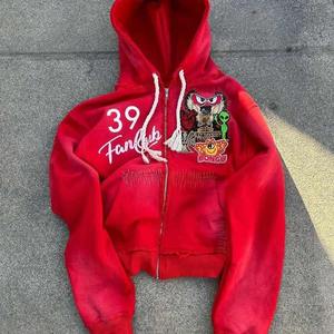 Pull-over à capuche avec fermeture à glissière personnalisée avec broderie complète Streetwear de créateur Veste à badge Boxy délavée au soleil délavé à l'acide - Product Image 3