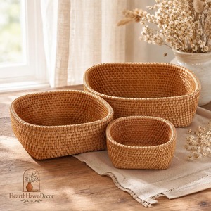 Set Of 3 Rattan <b>Basket</b> <b>Tray</b> - Round Top Square Handmade Storage <b>Baskets</b> Natural Rattan Modern Multifunction Made in Viet Nam - Product Image 3