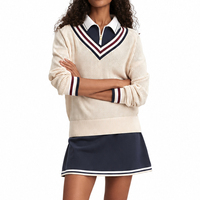Pull-over en coton doux personnalisé pour femme, col en V, demi-zip, tricoté à rayures, style preppy Old Money, automne-hiver, loisirs, vente en gros