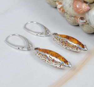 Boucle d'oreille en argent sterling massif 925 ambre baltique naturel serrure russe - Product Image 1