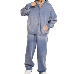 Top qualité 100% coton sweats vêtements de rue fermeture éclair survêtements poids lourd Logo personnalisé lavage à l'acide vente fermeture éclair costumes - Product Image 1