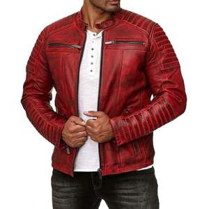 Veste en cuir véritable 100% de qualité supérieure, coupe ajustée, col montant, style vieilli, bordeaux, pour homme, vente en gros - Product Image 2