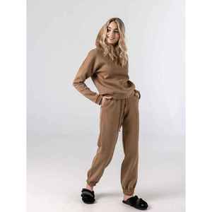 Survêtement oversize marron camel pour femme, sweat à capuche épais et pantalon de survêtement assorti à revers, marque privée OEM - Product Image 3