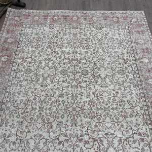 6.3x9.7 ft Large Turkish Rug, Vintage Rug, White <b>Red</b> Check <b>Wool</b> Rug - Product Image 4