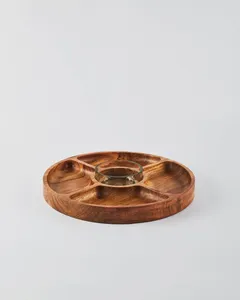 Bandeja de servicio de madera de acacia con cuenco de inmersión de vidrio, plato de aperitivo de madera para decoración del hogar, fiestas, producto de vajilla de entretenimiento - Product Image 3