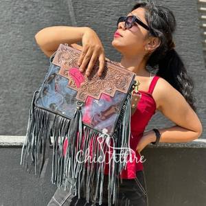 Nouveau Style occidental peint à la main en cuir repoussé frange clair stade sac Unique en cuir véritable repoussé Concert clair sac à bandoulière - Product Image 1