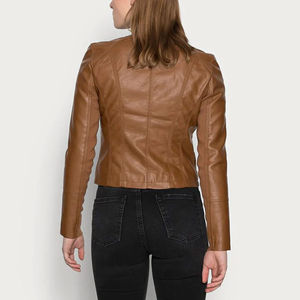 Automne hiver veste en cuir véritable pour femmes basique fermeture éclair col rabattu motif solide prix - Product Image 3