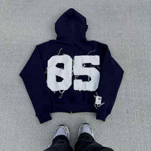 Sudadera con capucha de peso pesado con logotipo bordado en 3D, cremallera de gran tamaño, estilo Hip Hop, parche bordado, sudaderas con capucha desteñidas por el sol para hombres - Product Image 1