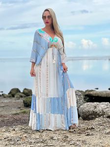 Bordado elegante manga acampanada bohemio vestido largo cuello en V profundo correas ajustables tela ligera acampanada ajuste relajado primavera - Product Image 5