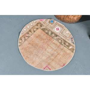 Tapis turc vintage de 2x2 pieds, tapis en laine tissé plat beige et vert avec support en latex pour décorations de salon - Product Image 4