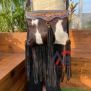 Bolso cruzado con flecos de cuero con pelo occidental para mujer, bolso con borlas florales de cuero genuino personalizado, bolsos de piel de vaca - Product Image 1