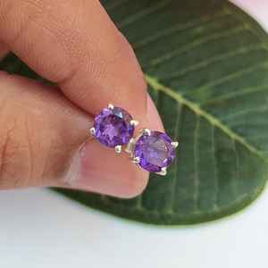 Natural Amethyst Stud Earrings 925 Sterling Silver 14K Gold Plated Cute February Birthstone Simple Everyday Jewelry Anniversary - Product Image 3