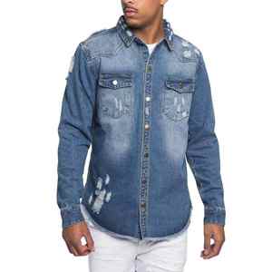 Chemises en denim délavé vintage pour hommes, manteau en coton boutonné classique de style High Street, vestes pulls pour l'extérieur et le streetwear - Product Image 5