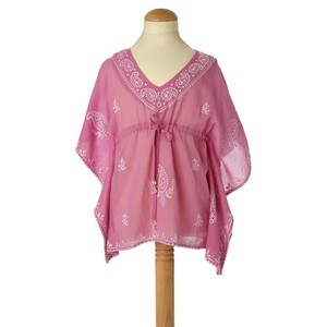 Kaftan rosa claro para mujer, algodón ecológico con bordado de hilo blanco tejido a mano - Product Image 2