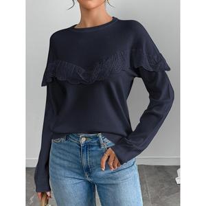 Pull en tricot floral pour femme avec col rond en dentelle à volants, manches longues, décontracté, anti-boulochage - Product Image 6