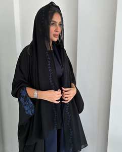Abaya longue à manches longues en soie noire faite à la main, anti-rides, avec de belles broderies blanches, tenue de prière musulmane traditionnelle pour femmes adultes - Product Image 4