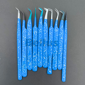 Pince à épiler enduite de paillettes bleu écologique Outil d'extension de cils à pointe en fibre Pro Premium Grip Design léger pour un ramassage facile du volume - Product Image 3