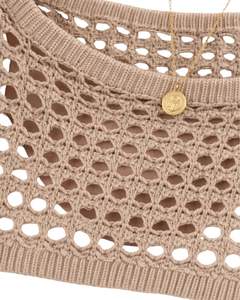 Manufacturer Customized Beige Crochet Knit Cropped Sweater <b>Women</b> Openwork Flare Sleeve Lightweight Summer Fashion Top - Product Image 6