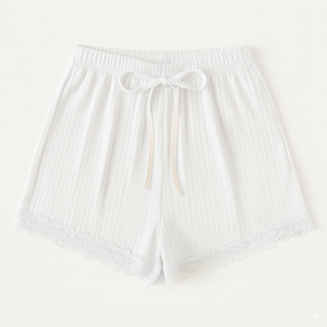Stylish Ribbed Knit Lace Trim Elastic Waist Breathable Quick Dry Lightweight Cozy Homewear Sleep <b>Shorts</b> <b>Women</b> Custom Clothing - Product Image 1