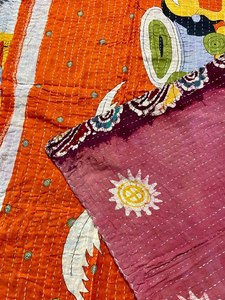 <b>Orange</b> Color Way Cotton Kantha Quilt, Handmade <b>Blanket</b> Reversible Kantha Throw, Sari Kantha Bedspread Hand Stitched Quilts - Product Image 5