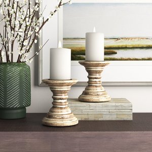 Antique Wood <b>Candle</b> <b>Holders</b> Set Fall Themed Farmhouse Candlesticks for Stunning Table Centerpieces and Cozy Home Decor - Product Image 2