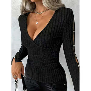 Blusa de punto cepillado con adornos de perlas y escote cruzado de manga larga para mujer, 28223 - Product Image 1