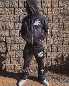 Ensemble survêtement homme 2 pièces Y2K en coton 100% avec sweat à capuche zippé et pantalon de jogging évasé, style streetwear, effet vieilli personnalisé - Product Image 3