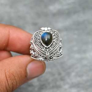 Labradorite Pill Box Ring Adjustable 925 Sterling Silver Gemstone Jewelry Secret Message Box Ring - Product Image 4