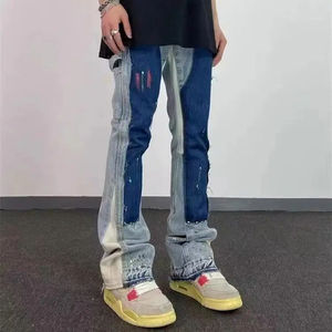 Jeans baggy 100% coton à panneaux micro évasés éclaboussés d'encre pour hommes pantalon taille haute longueur plancher fermeture élastique plat - Product Image 2