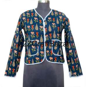 Chaqueta Corta Acolchada Reversible 100% Algodón Orgánico para Mujer, Estampado Floral Bohemio, Ropa de Otoño Invierno, Estilo Chic - Product Image 1