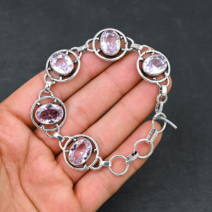 Pulsera de piedras preciosas de kunzita Rosa creada en laboratorio de diseñador, cadena de lujo hecha a mano, joyería de estilo 7-8 para boda - Product Image 5