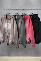 Nouvelle mode Double fermeture éclair Vintage Hoodies personnalisé Streetwear acide fermeture éclair lavé 450 GSM pull à capuche