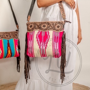 New Western Stylish Saddled <b>Blanket</b> Handbag Handcrafted Tooled Strap Aztec Leather Sling Bag Vintage Multi Color Top Handle Bag - Product Image 1